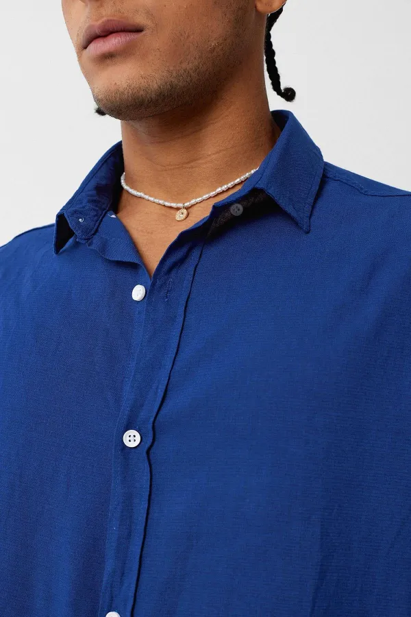 Basic Oversize Pamuk Keten Gömlek Saks Basic Oversize Pamuk Keten Gömlek Saks