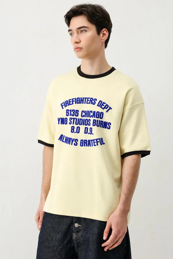 Baskılı Bisiklet Yaka Oversize Tişört Sarı