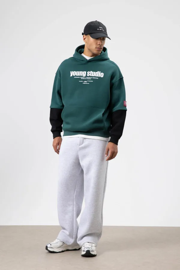 Sweat à capuche imprimé oversize, bleu marine