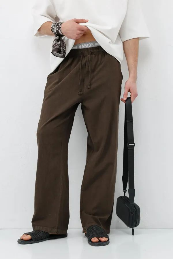 Bel Lastikli Baggy Fit Keten Pantolon Kahve