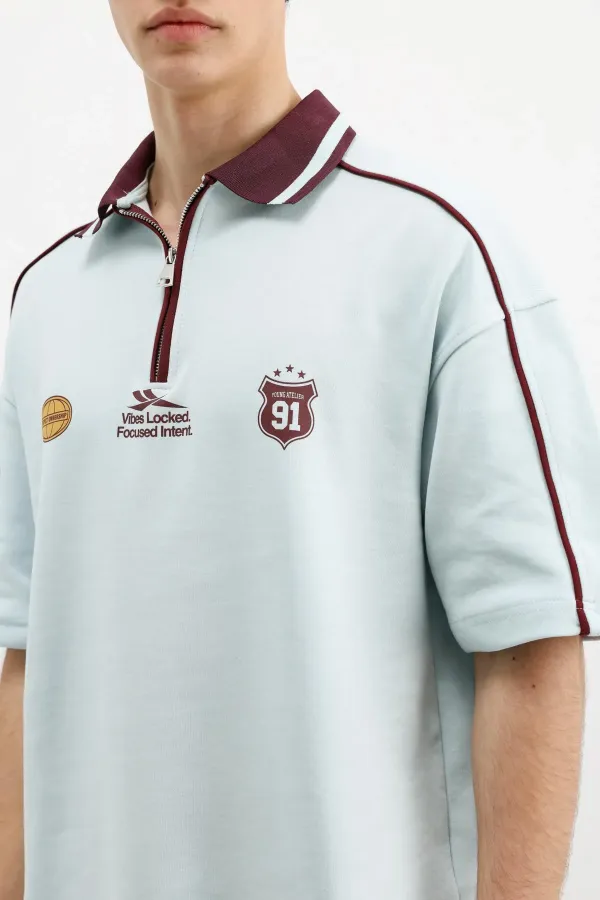 Fermuarlı Yaka Baskılı Oversize Tişört Bebe Mavi