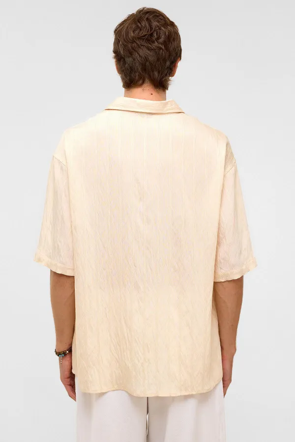 Oversize Striped Short-Sleeved Modal Fabric Shirt, Beige