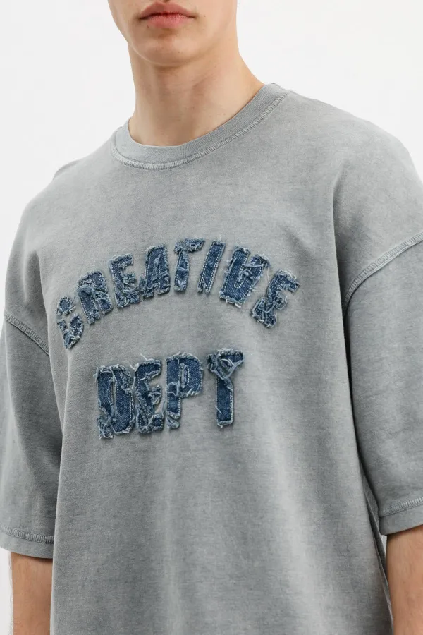 Yıkamalı Yazı Baskılı Oversize Tişört Gri