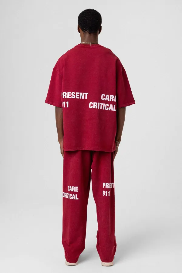 Yıkamalı Arka Baskılı Oversize Eşofman Takım Bordo