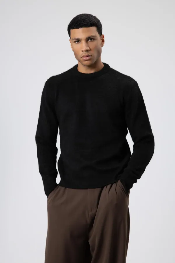 Oversize Soft Textured Crew Neck Sweater Black