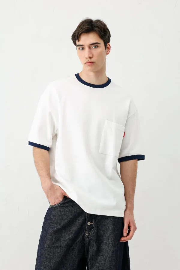 Kısa Kollu Oversize Cepli Tişört Ekru