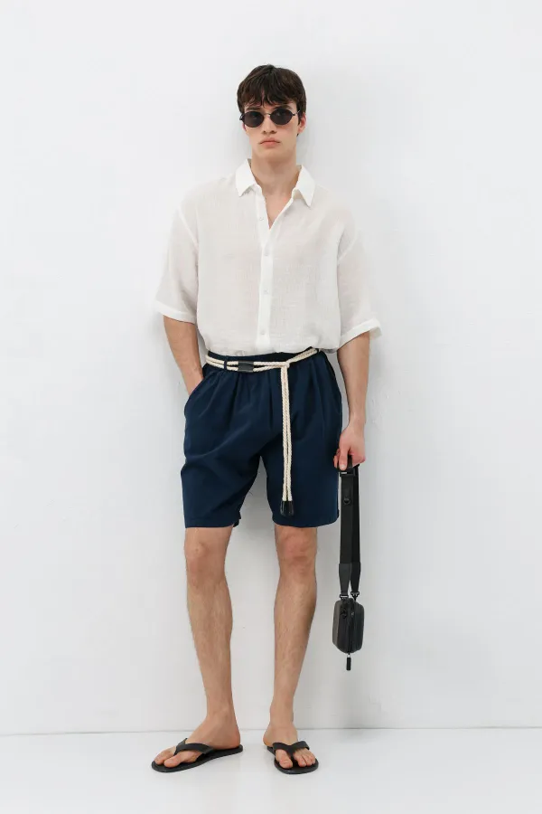 Kemerli Oversize Keten Şort Lacivert