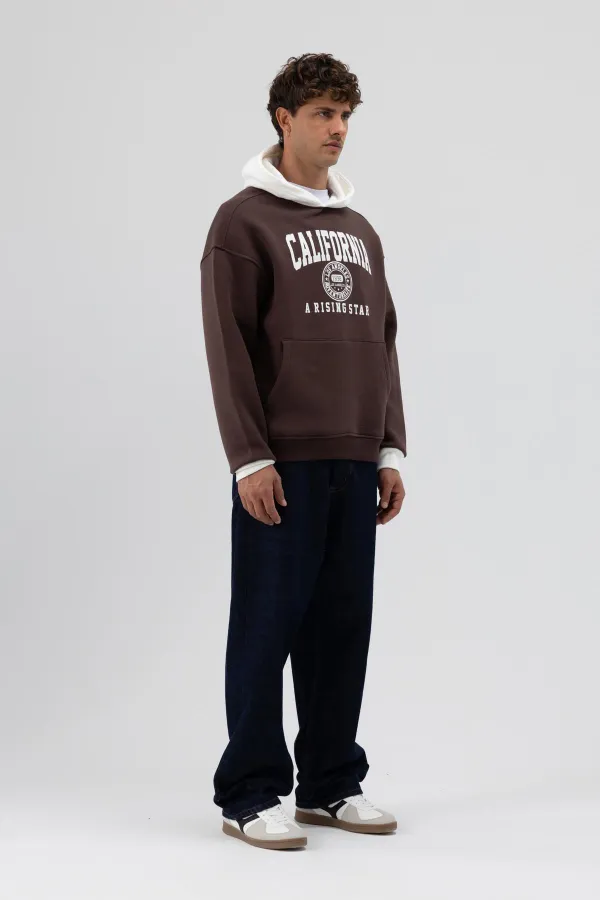 Çift Renk Baskılı Oversize Sweatshirt Kahve