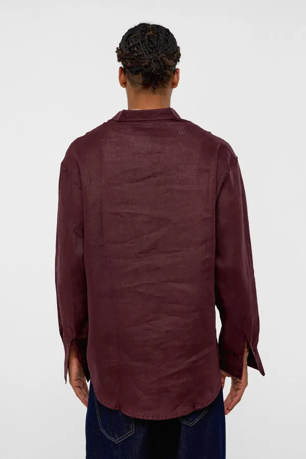 %100 Keten Oversize Uzun Kollu Gömlek Bordo