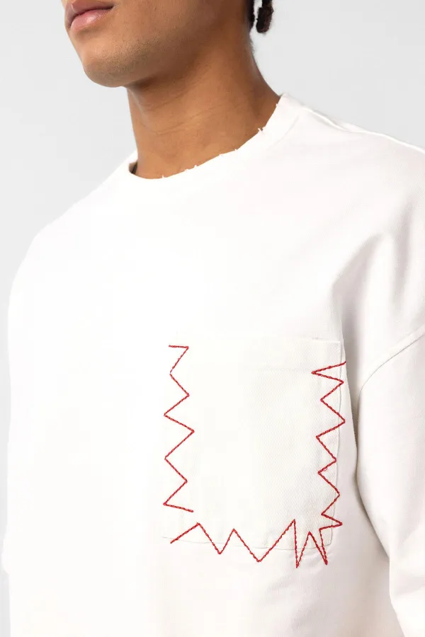 Yıkamalı Cep Detaylı Oversize Tişört Ekru