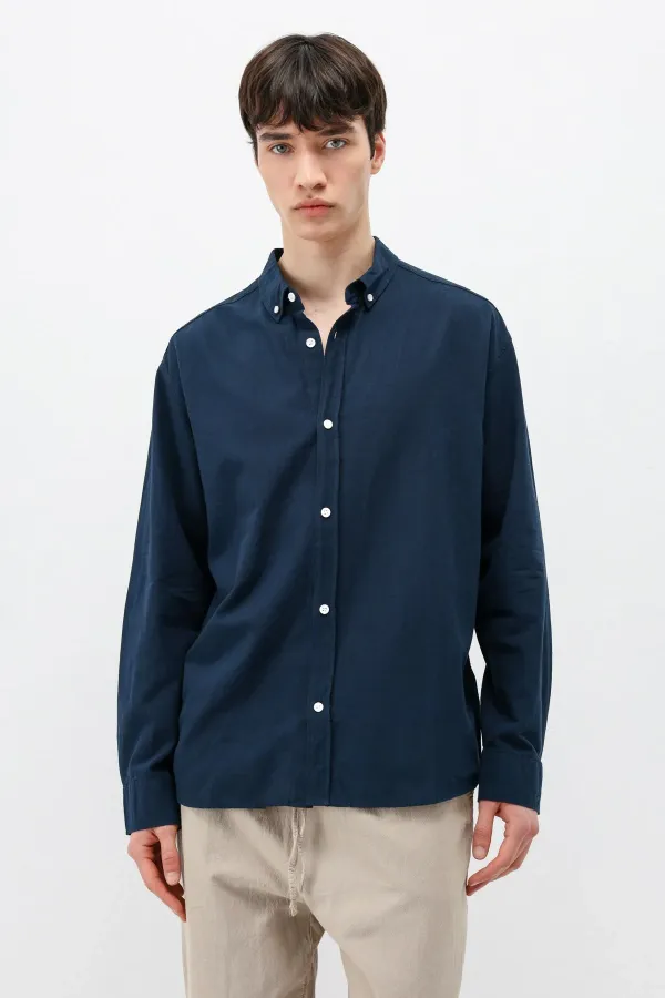 Basic Oversize Pamuk  Keten Gömlek Lacivert