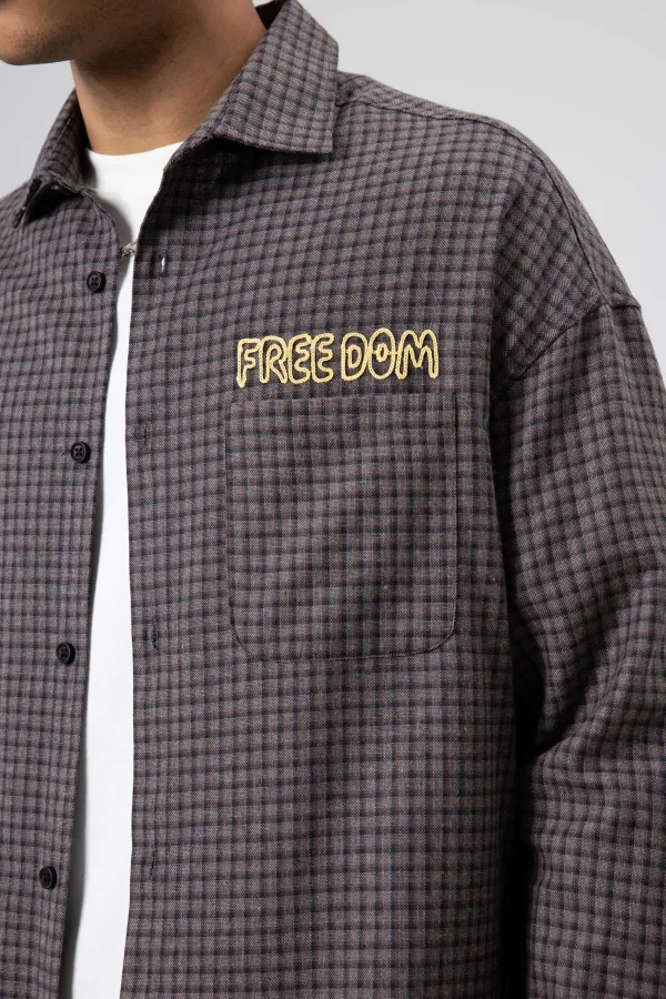 Oversize Baskılı Günlük Kareli Gömlek Kahve