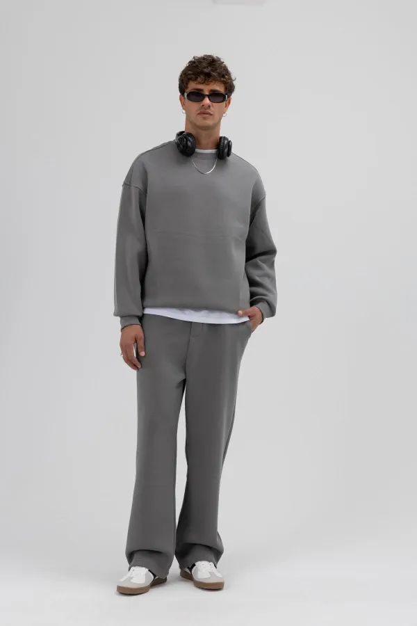 Sweat-shirt oversize basique à col rond, gris foncé