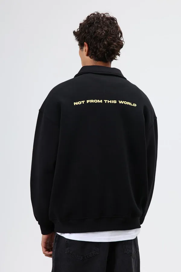 Sweat-shirt noir oversize à col polo imprimé délavé