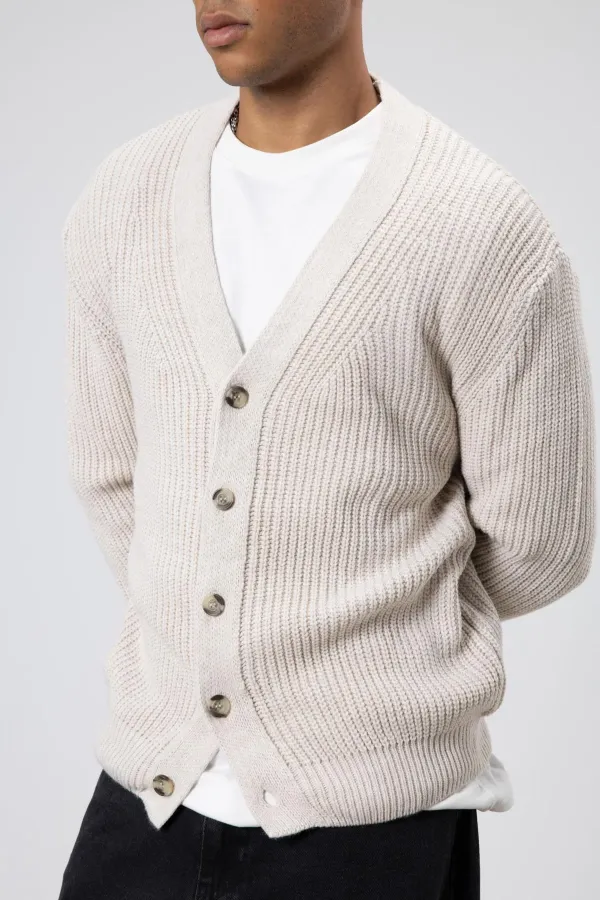 V Yaka Düğmeli Örgü Hırka Kazak Açık Taş