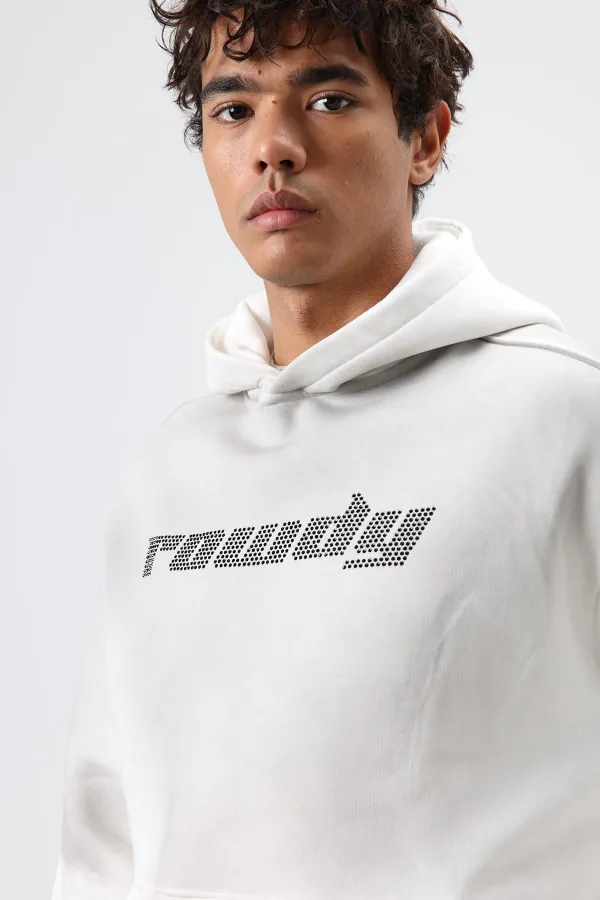 Oversize Baskılı Yıkamalı Hoodie Ekru