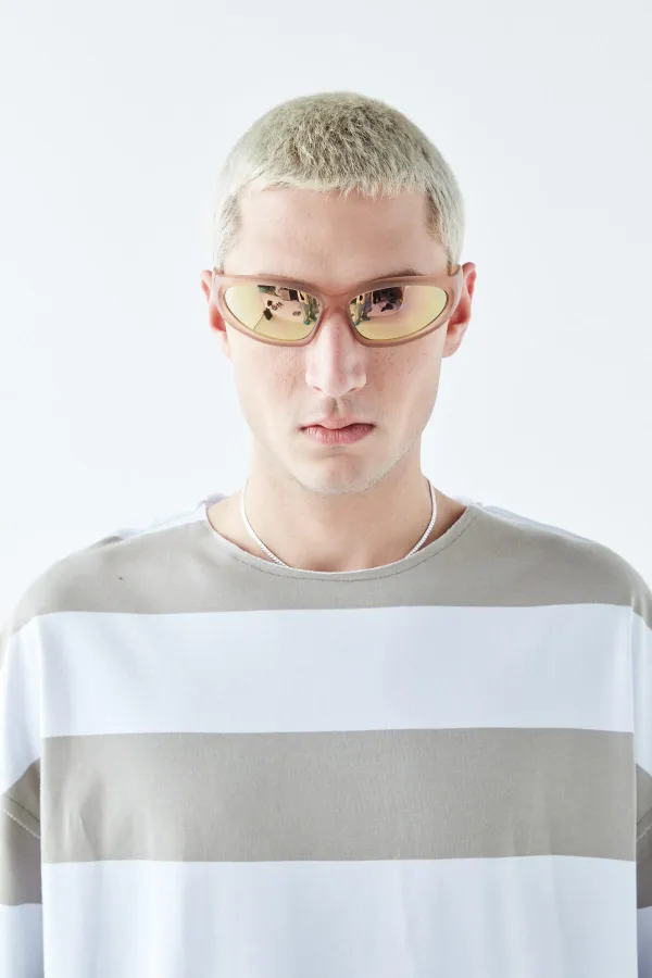 Digitally Printed Striped 100% Cotton Oversize T-Shirt, Khaki