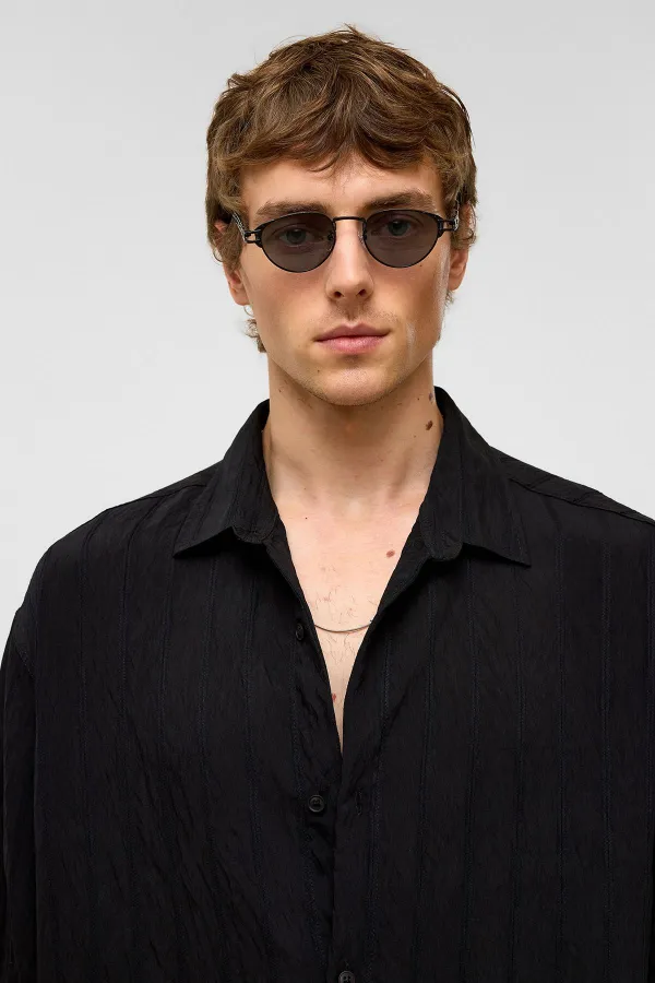 Oversize Striped Short-Sleeved Modal Fabric Shirt, Black