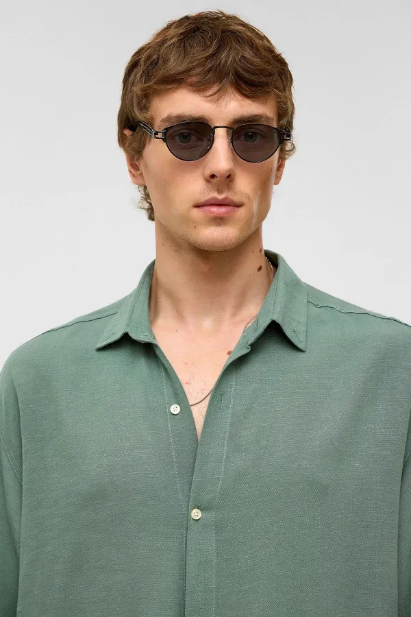 Oversize Uzun Kollu Keten Gömlek Haki