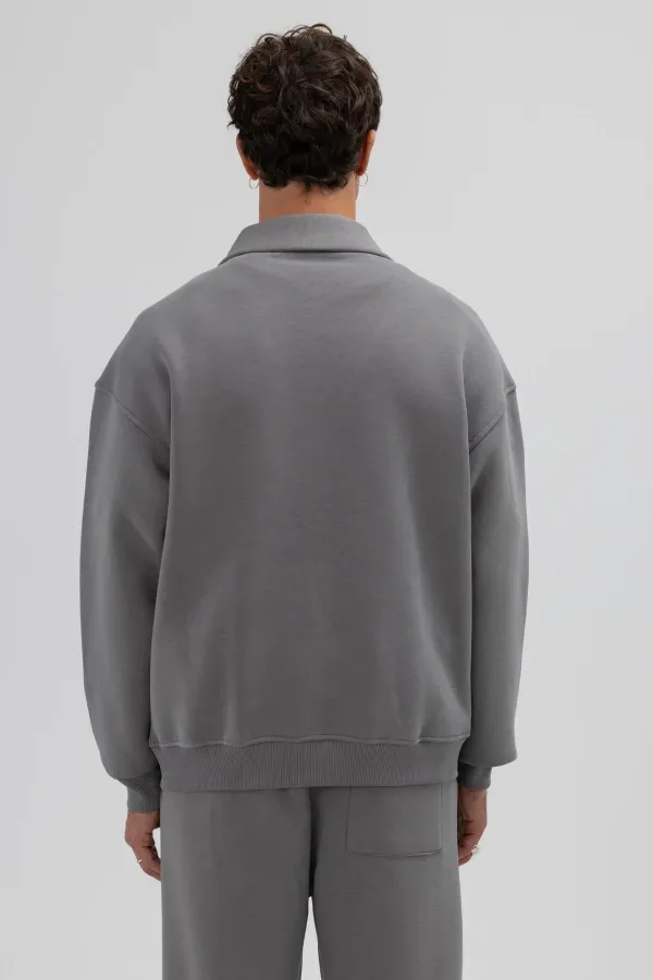 Oversize Fermuarlı Dik Yaka Sweatshirt Füme