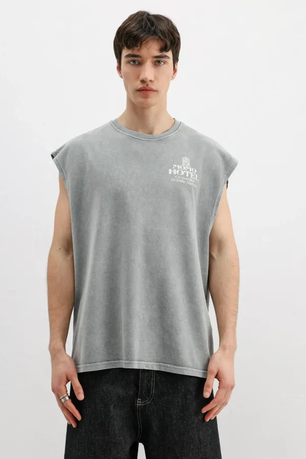 Baskılı Kolsuz Oversize Tişört Gri