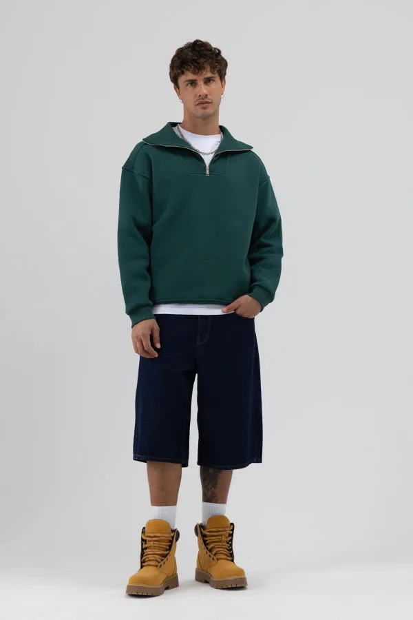 Sweat-shirt basique à fermeture éclair et col montant, bleu marine