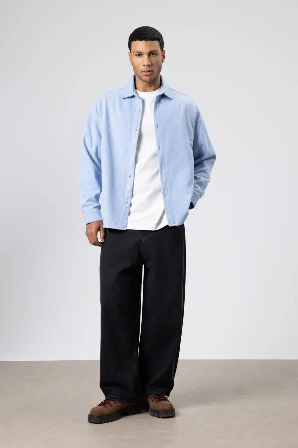 Dokulu Oversize Gömlek Ceket Bebe Mavi