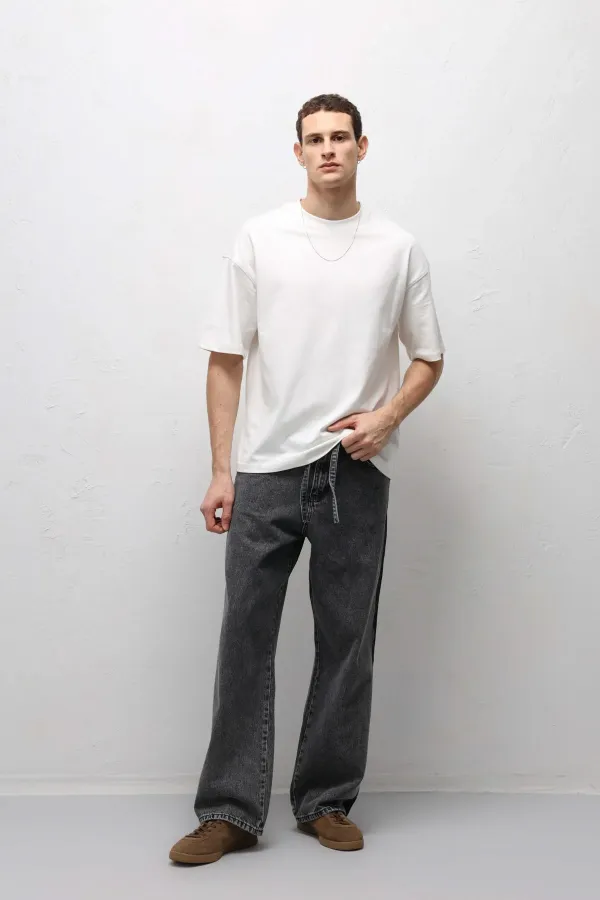 Jean baggy rayé gris avec ceinture