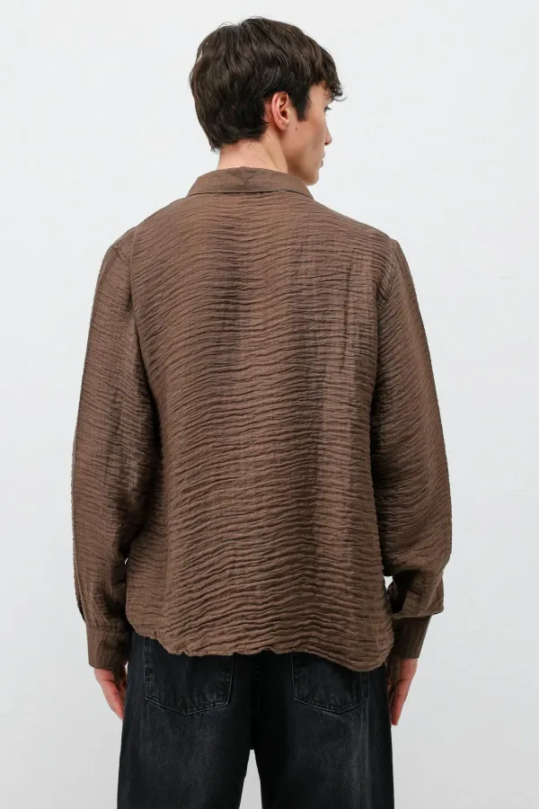 Dokulu Oversize Gömlek Açık Kahve