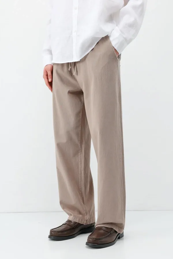 Pantalon ample en lin avec taille élastiquée, couleur vison