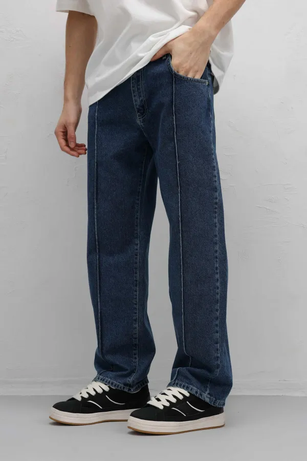Dikiş Detaylı Relaxed Fit Jean Mavi