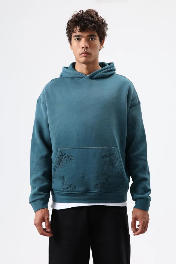Oversize Nakış Detaylı Hoodie Nefti