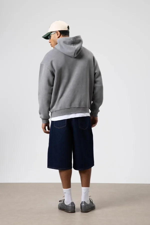 Oversize Yıkamalı Baskılı Kapüşonlu Sweatshirt Füme