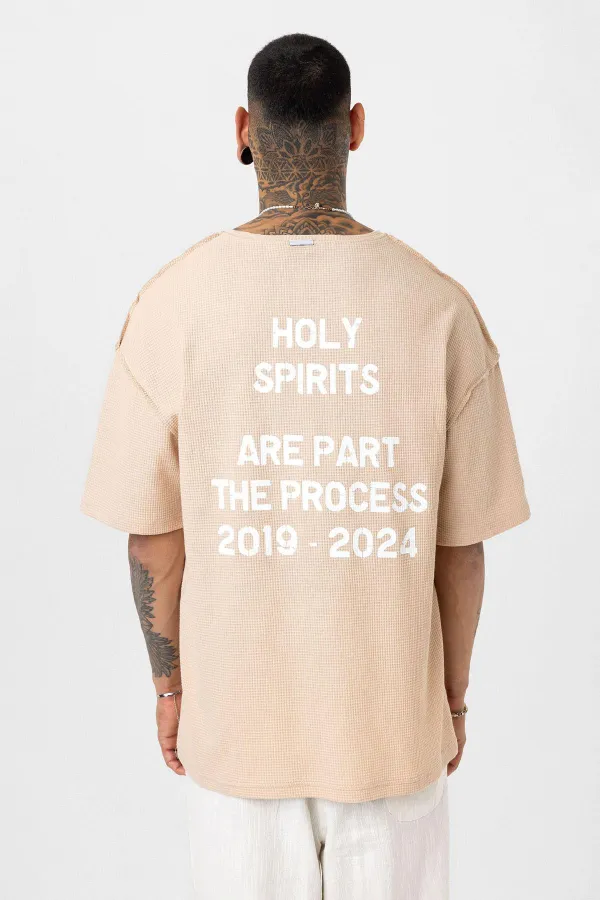 Arka Yazı Baskılı Oversize Triko Tişört Bej