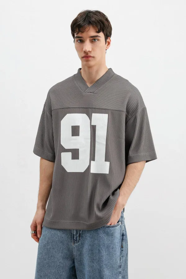 T-shirt oversize en velours côtelé imprimé gris