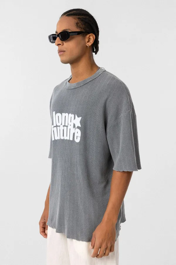 Yıkamalı Oversize Triko Tişört Gri