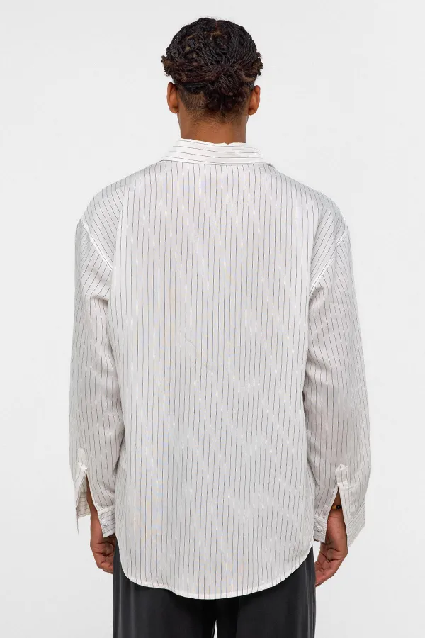 Oversize Çizgili Uzun Kollu Gömlek Beyaz