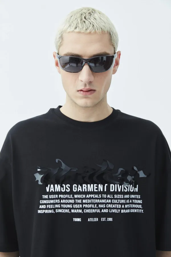 Atelier Kabartma Baskılı Oversize Tişört Siyah