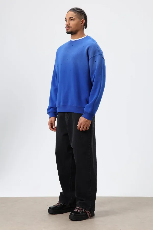 Sweat-shirt oversize bleu marine à détails en pierre délavée