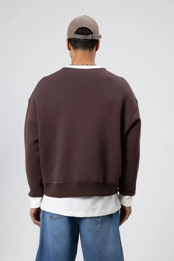 Sweat-shirt oversize à col rond avec poche, marron