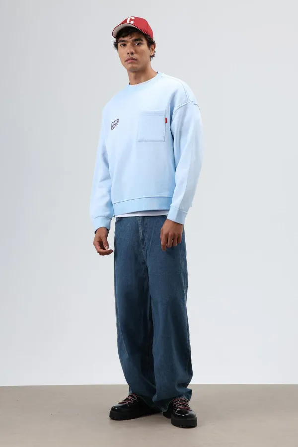 Sweat-shirt oversize à col rond et poches, bleu clair
