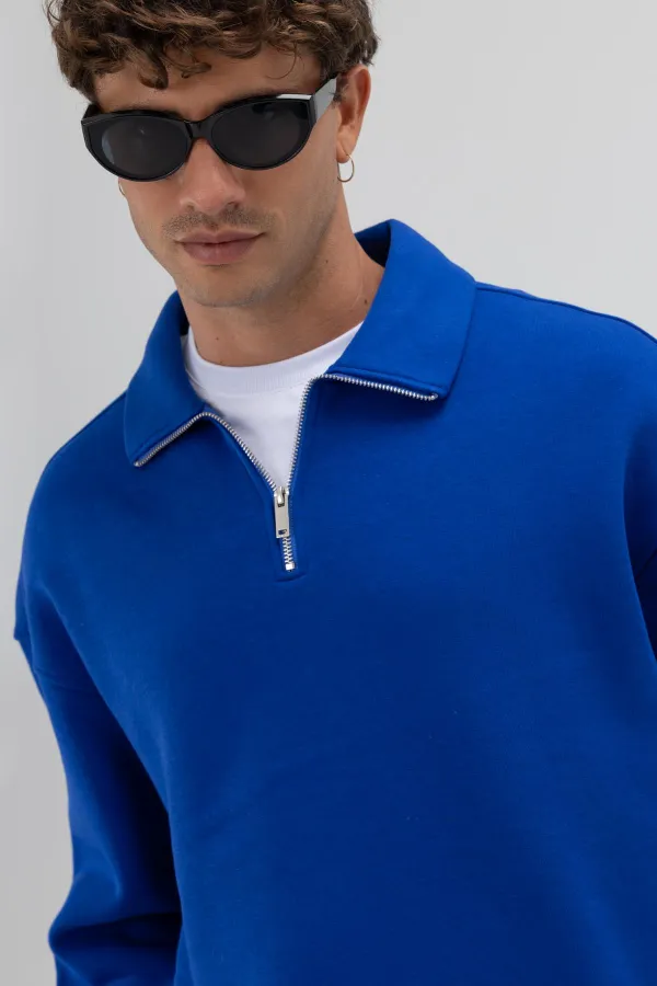 Oversize Fermuarlı Dik Yaka Sweatshirt Saks