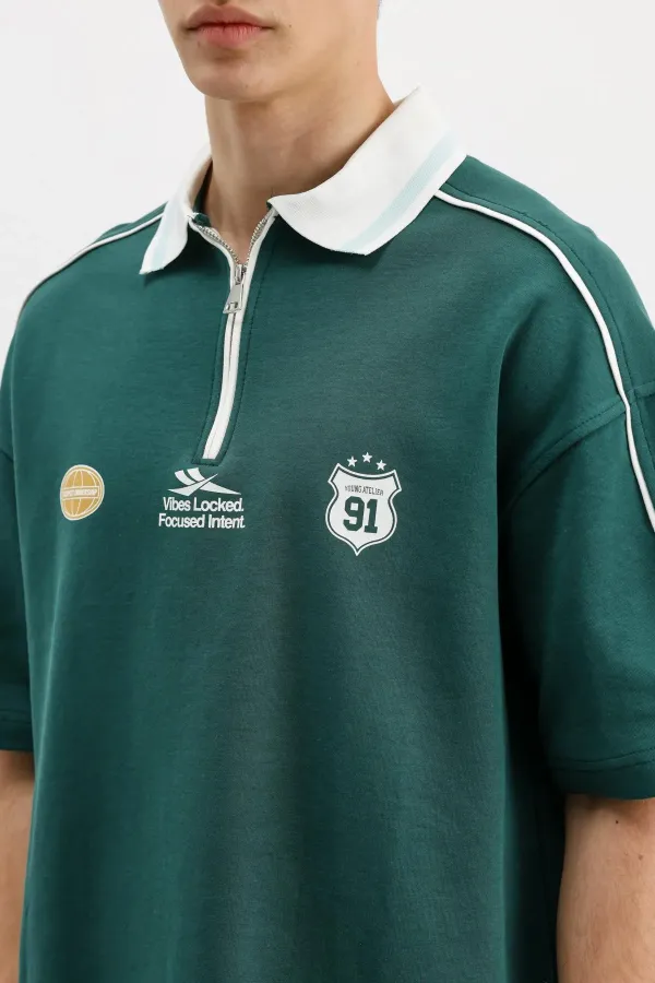 Fermuarlı Yaka Baskılı Oversize Tişört Nefti