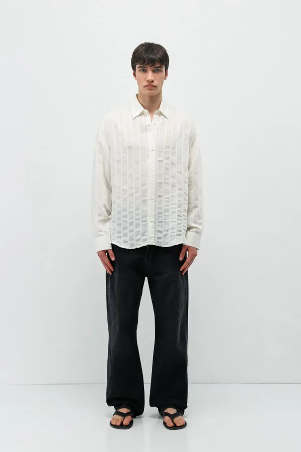 Çizgili Oversize Gömlek Ekru