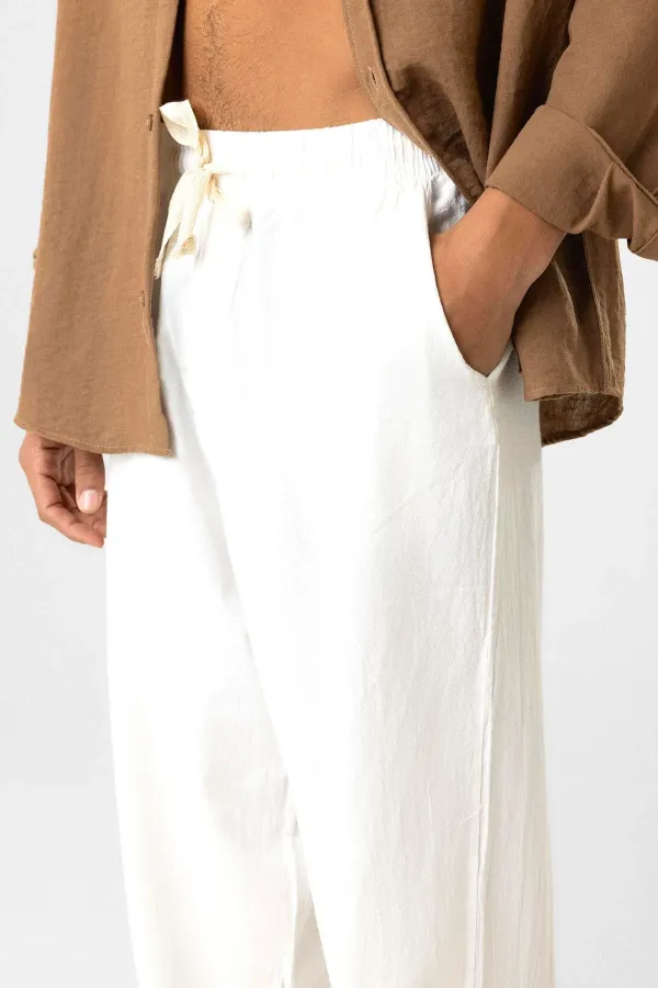 Pantalon ample en lin avec taille élastiquée, écru