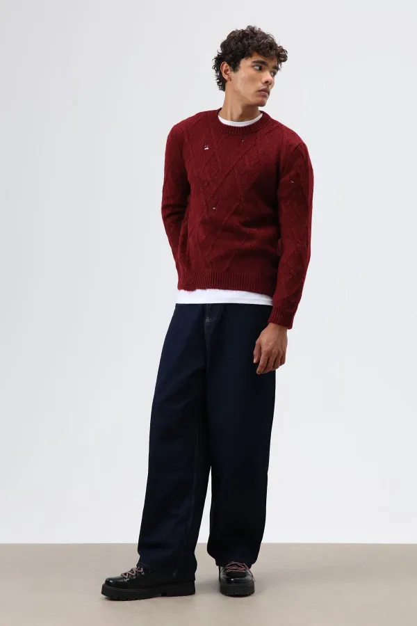 Pull oversize en maille à motifs, bordeaux