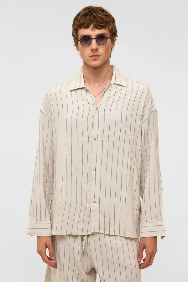 Oversize Long-Sleeved Striped Linen Shirt Indigo