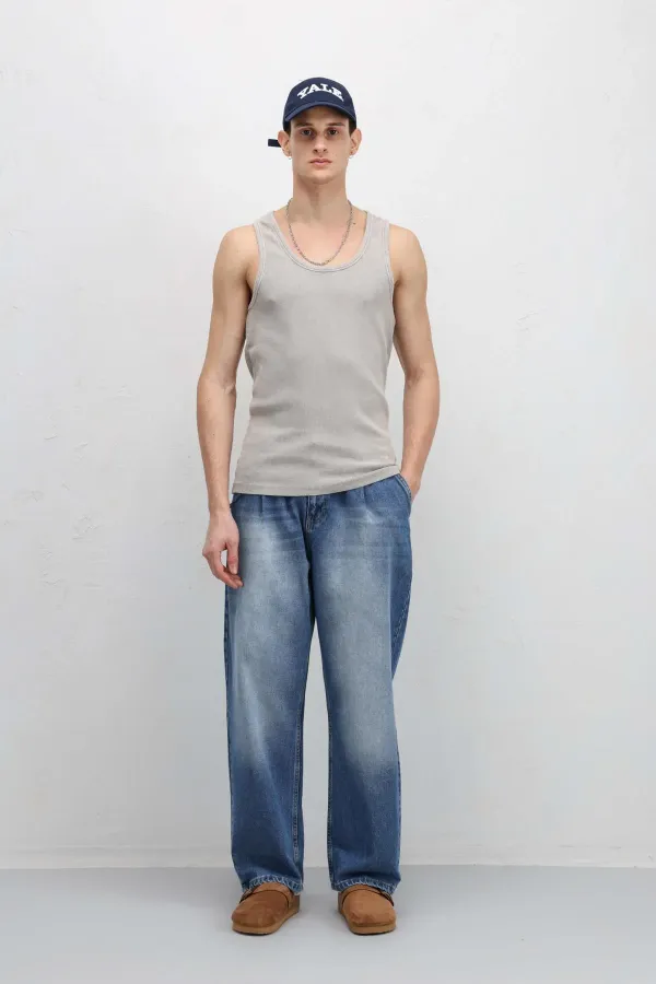 Pleated Baggy Jeans with Chain Detail, Blue