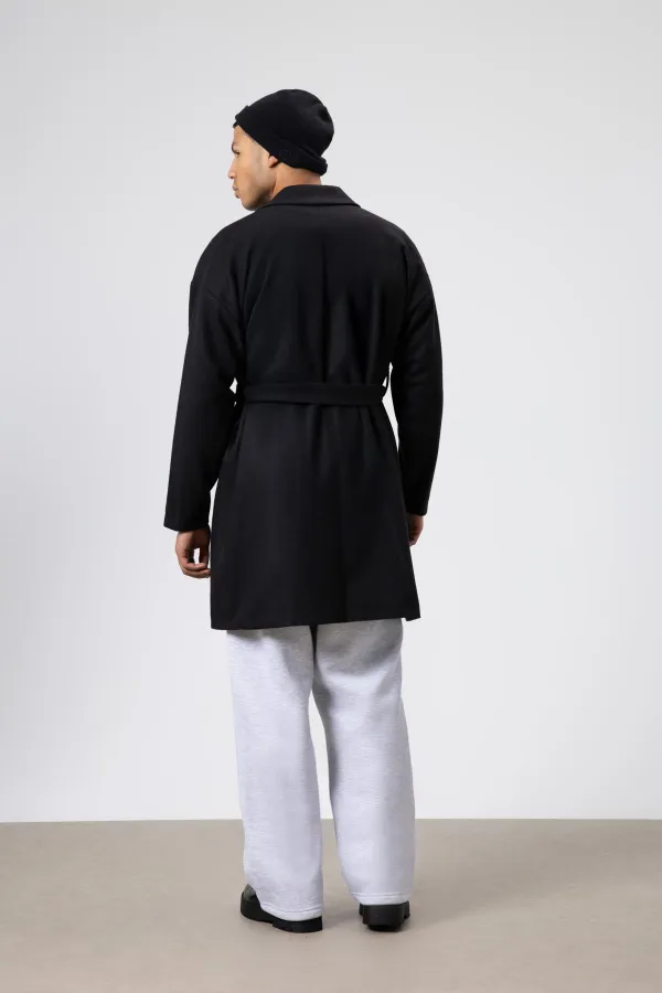 Kemerli Oversize Kaşe Kaban Siyah