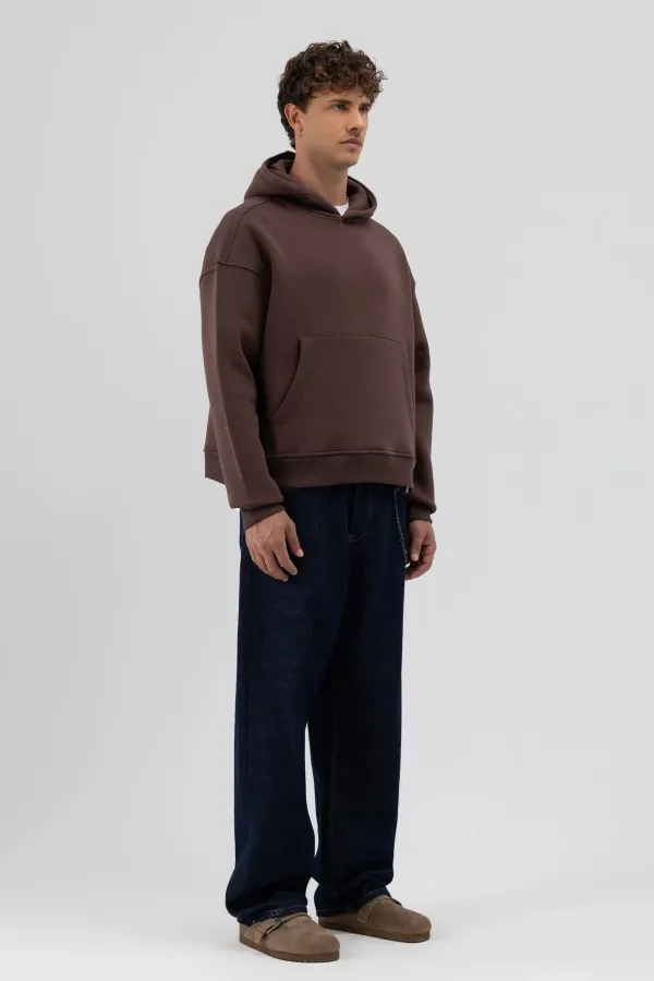 Basic Hooded Boxy Fit Sweatshirt Brown